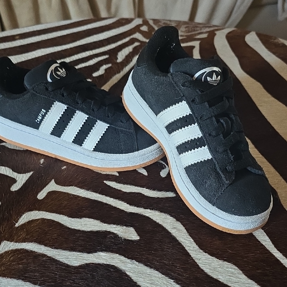 Adidas Kids Black and White Sneakers with Tan Sole